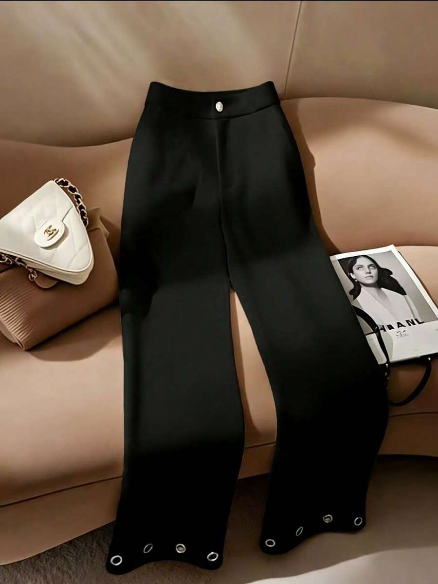 Franclia 女士休闲性感金属孔眼阔腿裤 - 黑色 - 查看 1