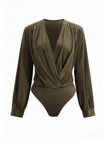 Airaco Women's Solid Color V-Neck Criss-Cross Ruched Elegant Long Sleeve Bodysuit - Dark Green - View 1
