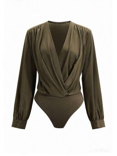 Airaco Women's Solid Color V-Neck Criss-Cross Ruched Elegant Long Sleeve Bodysuit