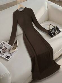 Franclia 女士条纹纹理优雅圆领中长连衣裙 - 深棕色 - 查看 4