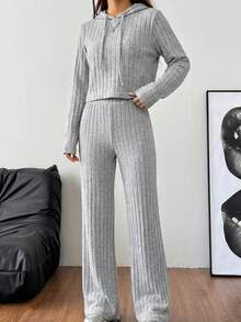 Conjunto cómodo de 2 piezas para mujer tejido a juego - Gris - Ver 2