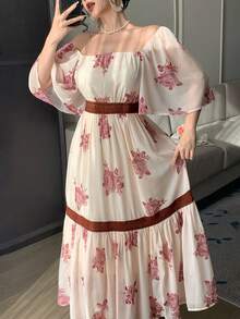 DAZY 女士优雅撞色蕾丝花卉中长连衣裙，夏季波西米亚风度假装扮 - 酒紅色 - 查看 10