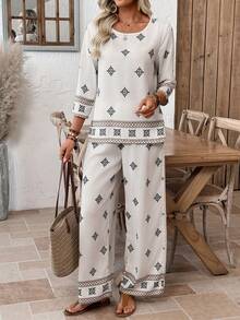 EMERY ROSE 女士印花圆领衬衫和裤子休闲两件套，度假装 - 卡其色 - 查看 7