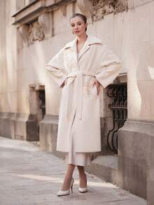 ORNATELLA Elegant Long Coat With 3D Floral Beaded Embellishment - Beige - View 2