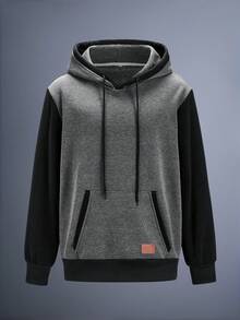 男士撞色仿皮连帽衫，秋冬春夏款 - 深灰色 - 查看 6