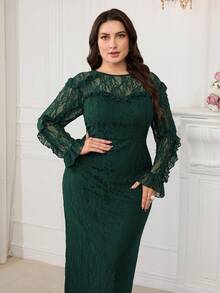 Modelyn Plus Size Women Floral Lace Patchwork Ruffle Hem Elegant Long Sleeve Dress - Dark Green - View 4