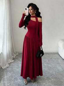 Elenzga Women's Soft Knit Burgundy Red Autumn Elegant Maxi Dress,Asymmetric Neck Tie Collar Long Sleeve Ruched Waist A-Line Dress For Dining,Dinner,Christmas - Burgundy - View 4