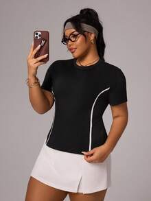 Rhythm Era 女士撞色吊带拼接网眼腰部圆领休闲运动T恤，适合日常穿着、跑步、瑜伽、大码运动服。女士运动T恤，曲线运动上衣，曲线运动服上衣，曲线女士健身上衣，曲线运动上衣，运动服，女士运动T恤，曲线女士健身上衣。 - 黑色 - 查看 6