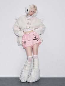 ROMWE Y2K Gothic Cross Embroidered Fuzzy Women Shorts, Halloween - Pink - View 2