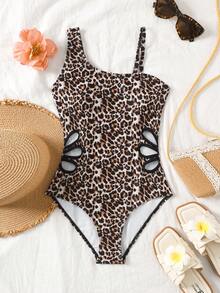 Tween Girl Leopard Print Off-Shoulder One-Piece Swimsuit, Cute Hollow Out Holiday One-Piece Swimsuit, Beach Vacation, Surfing - Multicolor - View 4