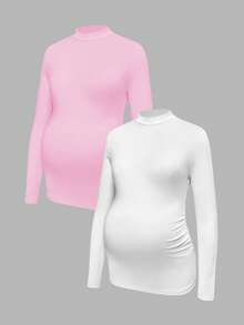 Modmama Kaos Ibu Hamil Lengan Panjang Kasual Kerah Lipit untuk Perjalanan Sehari-hari - Berwarna merah muda - View 10