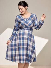 Momelise Plus Size Plaid Print Round Neck Long Sleeve Dress Curve Plus Dress Women Plus Clothing Dress Plus Size Casual Dress Plaid Dress Maweii Plus Size Dress Romwe Plus Size