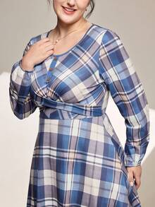 Momelise Plus Size Plaid Print Round Neck Long Sleeve Dress Curve Plus Dress Women Plus Clothing Dress Plus Size Casual Dress Plaid Dress Maweii Plus Size Dress Romwe Plus Size