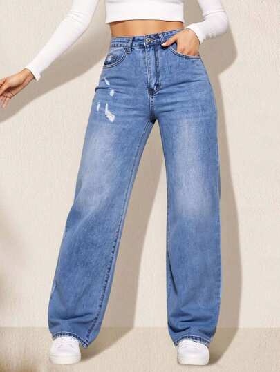 Jesns holgados con rotos y lavados para mujer, Pantalones Vaqueros de mezclilla rectos informales , moda versátil