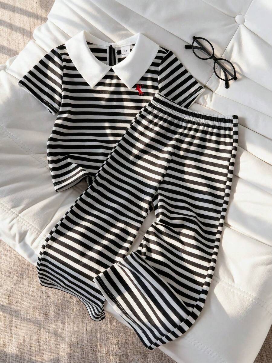 SHEIN Elladie kids Casuvi 儿童两件套 - 黑白条纹针织短袖 Polo 领 T 恤 + 针织阔腿裤,美式休闲复古风,适合春夏日常休闲穿着 - 黑與白 - 查看 1