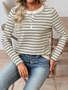 EMERY ROSE 女士条纹长袖休闲宽松T恤 条纹衬衫 条纹上衣 女士休闲上衣 秋季上衣 - 彩色 - 查看 6