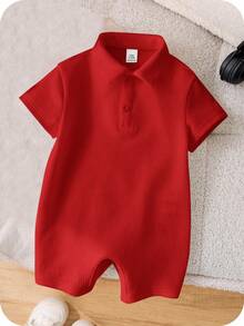 SHEIN 新生儿男女宝宝柔软舒适休闲日常白色短袖针织连体衣，适合室内、室外、日常穿着、运动、玩耍、派对、拍照、度假、节日、婚礼、迎婴派对、洗礼和周岁生日等场合。 - 紅色 - 查看 1