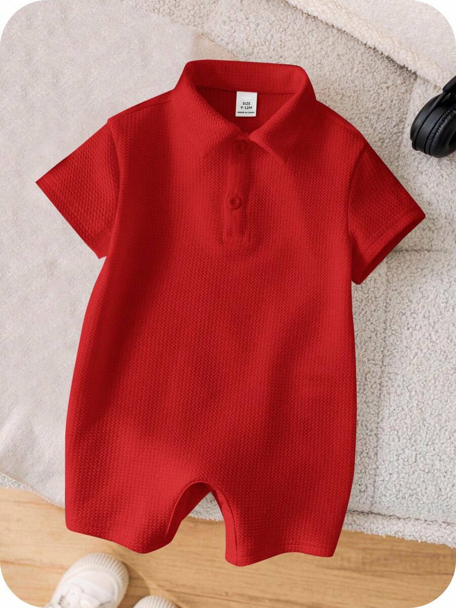 SHEIN 新生儿男女宝宝柔软舒适休闲日常白色短袖针织连体衣，适合室内、室外、日常穿着、运动、玩耍、派对、拍照、度假、节日、婚礼、迎婴派对、洗礼和周岁生日等场合。 - 紅色 - 查看 1