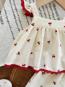 LMoss Kids 女婴碎花荷叶边领休闲上衣和短裤两件套 - 紅色 - 查看 3