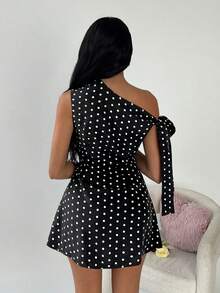 TRNVIE Vestido de lunares con hombro asimétrico y drapeado en línea A, versátil para mujer - Negro - Ver 2