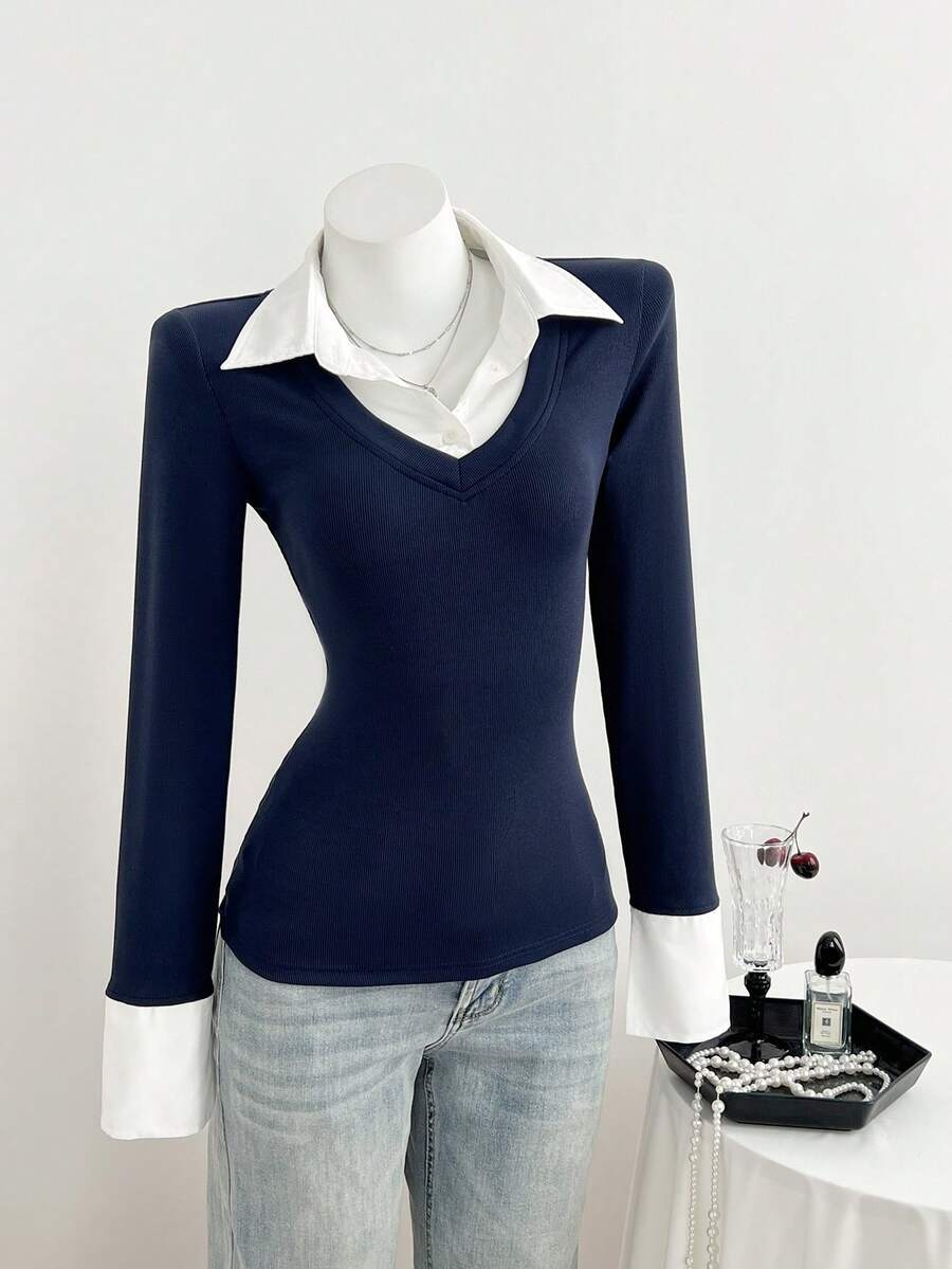 Flirla Women's Casual Fitted Knit Striped Shirt - Navy Blue - View 1