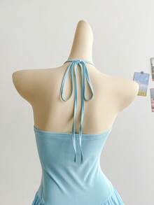 Soleia Váy ngắn hở lưng dáng chữ A, viền không đều, chất liệu lưới đan màu xanh lãng mạn, phù hợp cho ngày lễ tình nhân, phong cách vườn, thanh tao, phóng khoáng, boho, kỳ nghỉ, mùa thu - Màu xanh nhạt - Xem 6