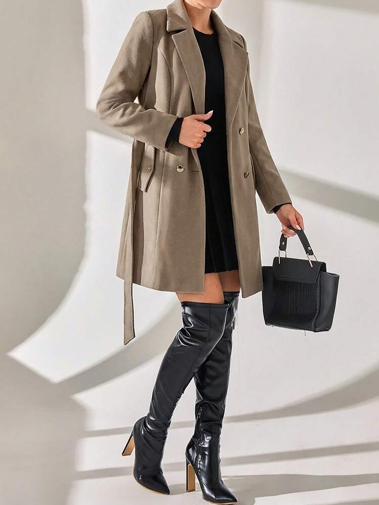 CLARA VERO Abrigo con detalles de botones y cinturón para mujer - Gris Claro - Añade 3