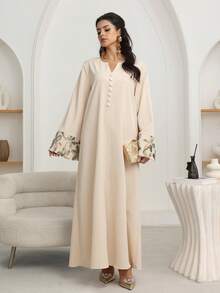 Al Najma Váy Ả Rập họa tiết hoa lưới dài tay màu mơ cho nữ, Thu/Đông - Màu be - Xem 5