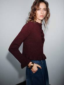 SHEIN Luminelle Layered Ruffled Knit Cardigan, Stylish, Sweet, Versatile Pullover Sweater, Burgundy, Perfect For Holiday, Commuting, Vacation, New Year, Christmas, And Winter – Elegant. - Burgundy - View 5