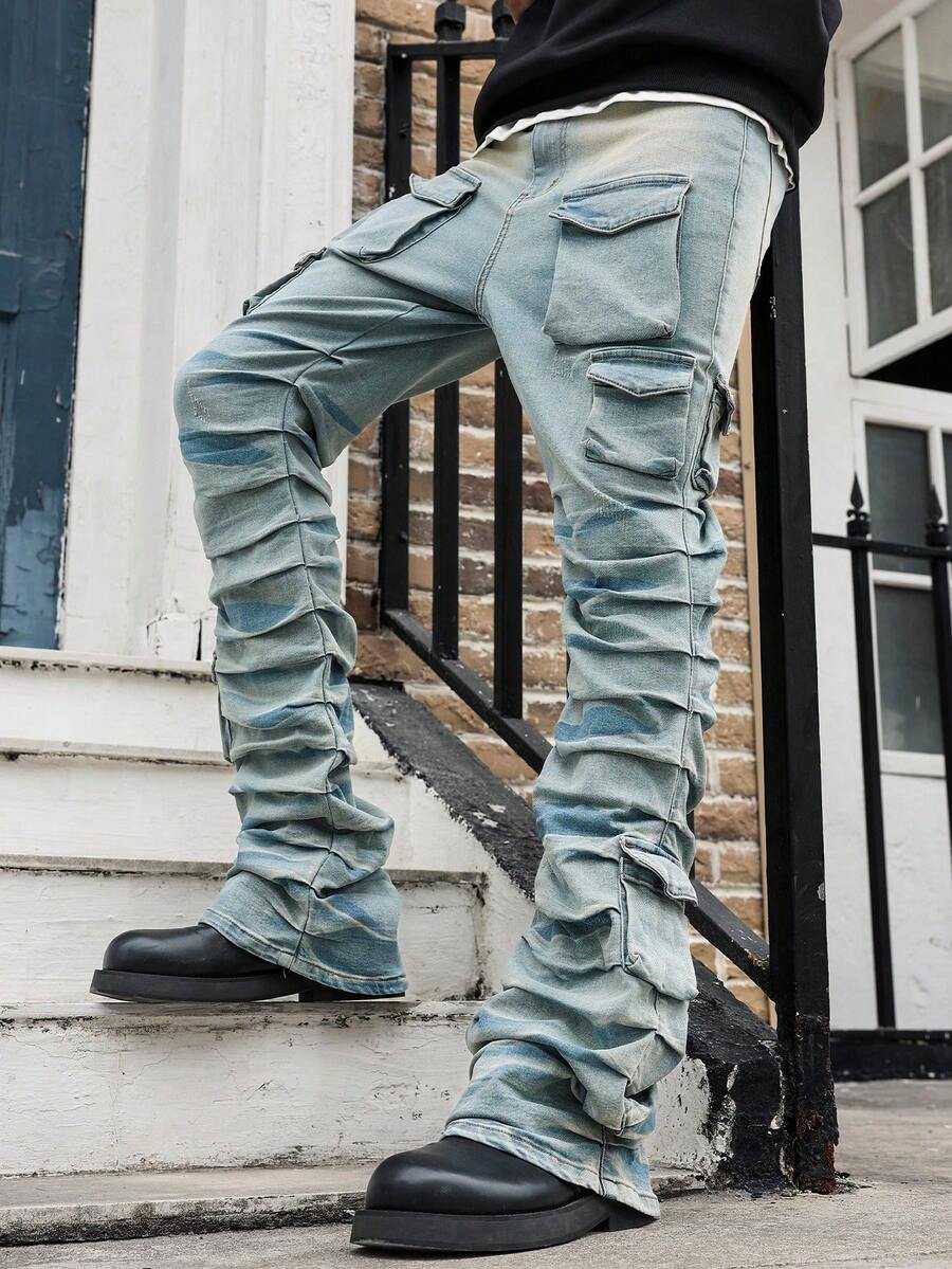 GALLERY FADE Quần jeans nam ống loe dáng ôm, xếp ly, nhiều túi, màu xanh dương, kiểu dáng đường phố, quần jeans ống loe nam. - Màu xanh lam - Xem 1