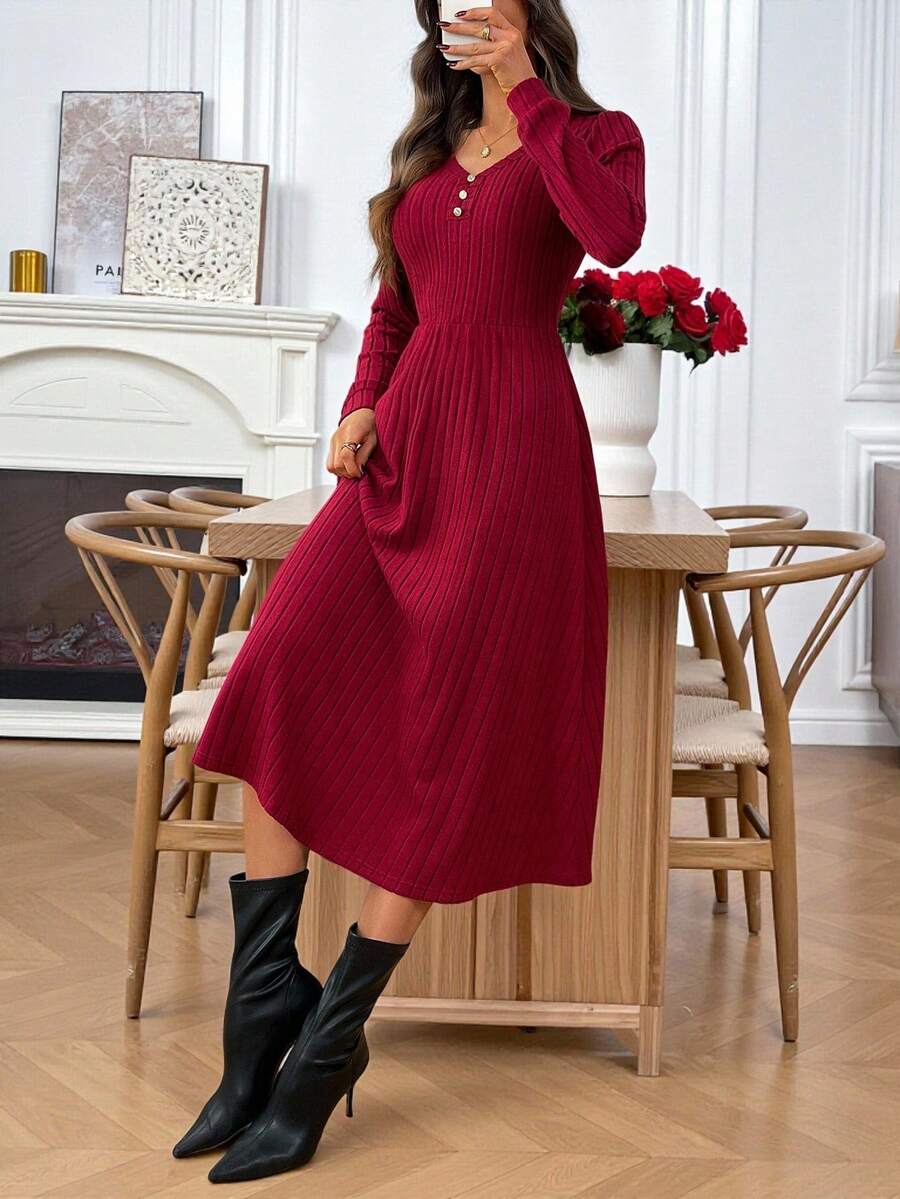 EMERY ROSE 女式纯色纽扣设计V领长袖罗纹休闲连衣裙 - 酒紅色 - 查看 1