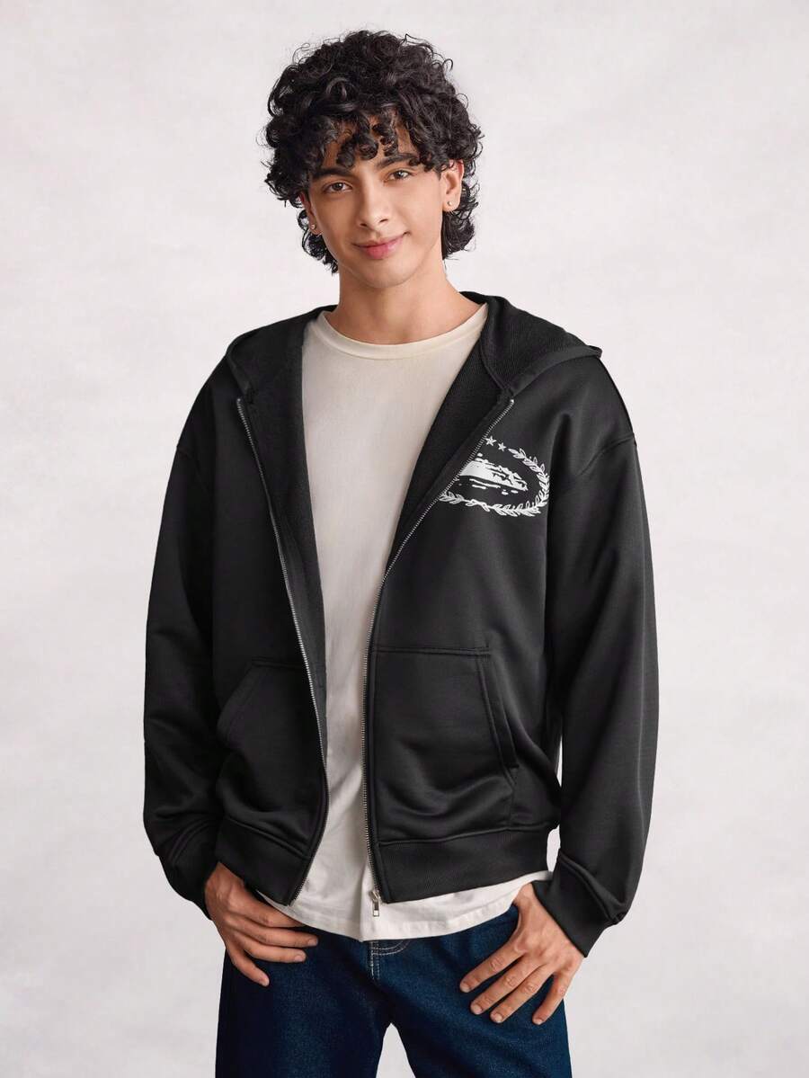 Open Phase Men's Long Sleeve Zip Collar Casual Retro Printed Hoodie Sweatshirt Spring To Summer INS,Daily Matching, Boyfriend/Husband Gift, - Black - View 1