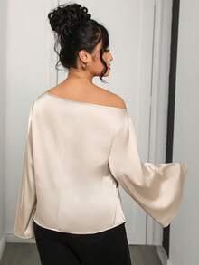 Modelyn Beige, Autumn, Elegant, Wedding Guest Plus Size Women's Asymmetric Shoulder Floral Applique Satin Flare Sleeve Blouse, Family Gathering Date Night - Apricot - View 4