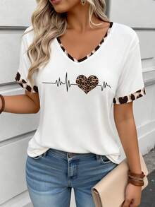 Women's Leopard Print Heart Pattern V-Neck T-Shirt - Multicolor - View 1