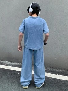 SHEIN Little Byeori 两件套青少年男童时尚休闲Y2K复古酷炫街头基础款简约舒适蓝色牛仔开衫和一条舒适宽松弹力修身牛仔裤，适合儿童日常穿着、春夏派对、节日和街头服饰。 - 藍色 - 查看 2