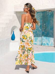 Vivid Eden 女士度假水果印花鱼尾下摆时尚吊带中长连衣裙 - 米色 - 查看 2