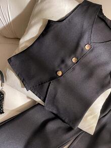 2pcs/Set Girls' V-Neck Sleeveless Cardigan & Loose Fit Black Pants Suit, Elegant & Versatile For Party, School, Casual Wear - Black - View 5