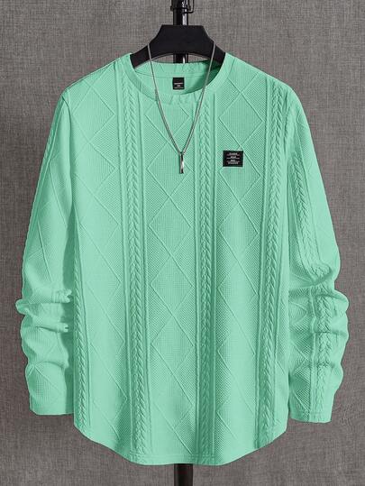 EASEVO Camiseta de manga larga de cuello redondo con patrón de rombos de espiga suelta para hombres de talla grande