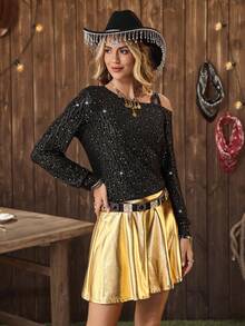 LanaWest Women's Western Casual Asymmetric Neckline Single Shoulder Strap Heavy Foil Star & Meteor Pattern Holiday New Year Party Wearable T-Shirt - Black - View 4