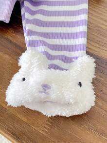 SHEIN 两件套女婴兔子刺绣连帽卫衣，带兔耳朵和白色毛边，搭配红白条纹裤，时尚又可爱 - 紫色 - 查看 4