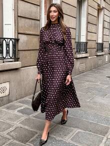 Pariaura French Style Polka Dot Long Sleeve Tie Collar Dress - Coffee - View 1