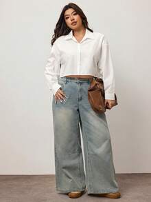 Enliva Plus Size Women Woven Long Sleeve Single-Breasted Shirt In White, For Apple Rounded Body Shape - White - View 5