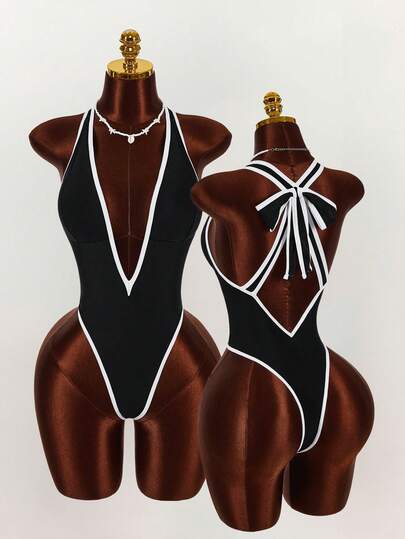 Amplova 1pc Women's Sexy Monochrome Bodysuit, Deep V-Neck Backless Bowknot Design, Sophisticated Look Suitable For Valentine's Day
