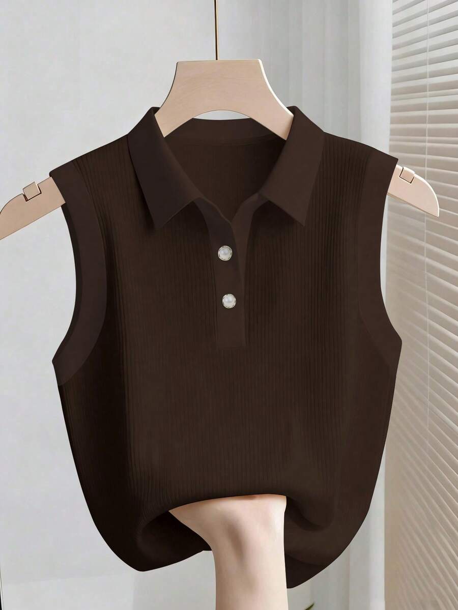 SHEIN Franclia Áo ba lỗ không tay thời trang thanh lịch màu trơn đơn giản đa năng dành cho nữ - Cà phê nâu - Xem 1