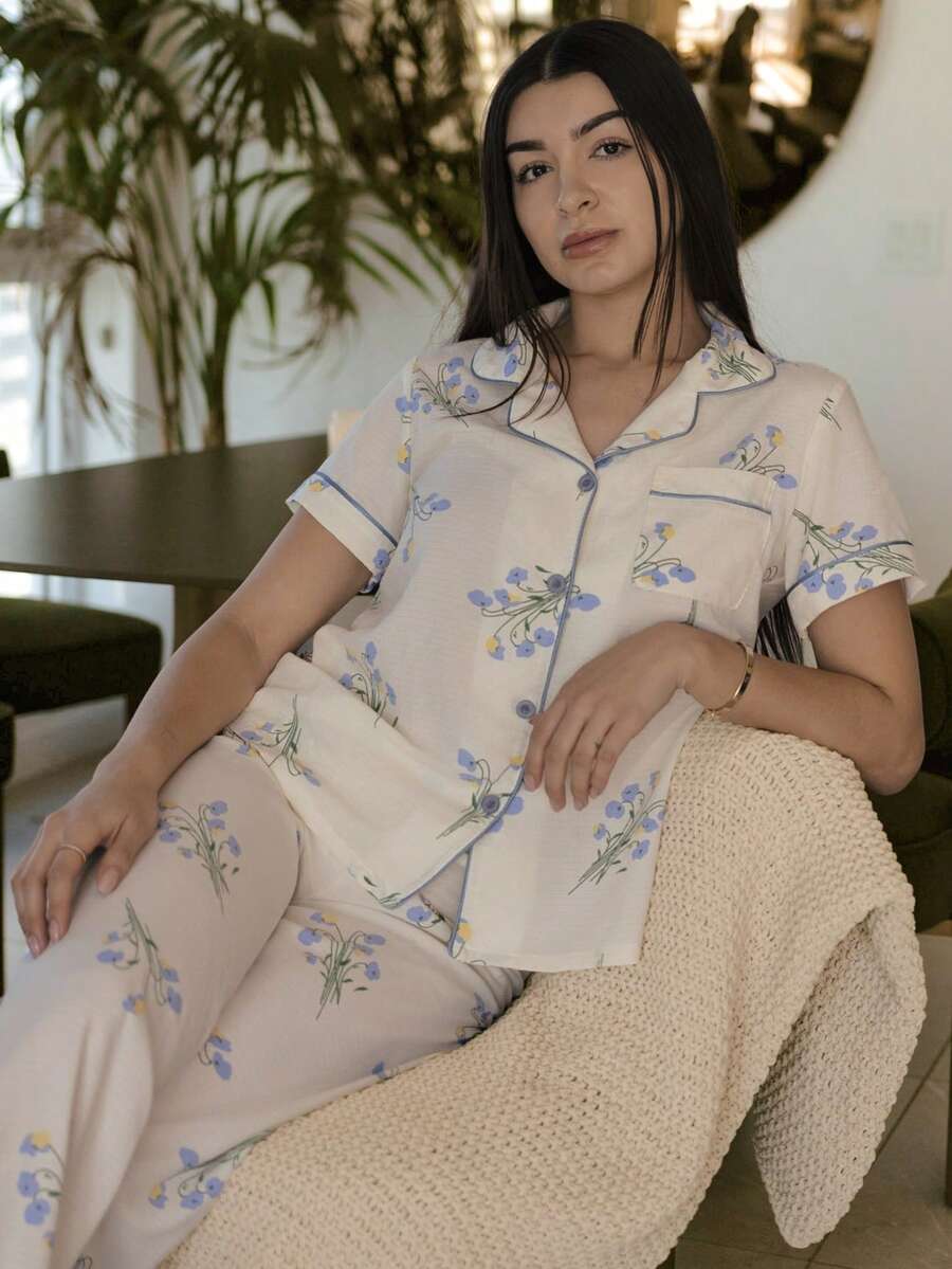 Andrea Bello Floral Print Women Contrast Trim Pocket Pajama Set Holiday ...