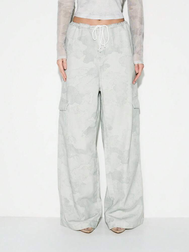 KIZN レディース カモフラージュ柄 ワイドレッグ カーゴパンツ エラスティックウエスト ドローストリング付き 秋冬カジュアル デイリー着用