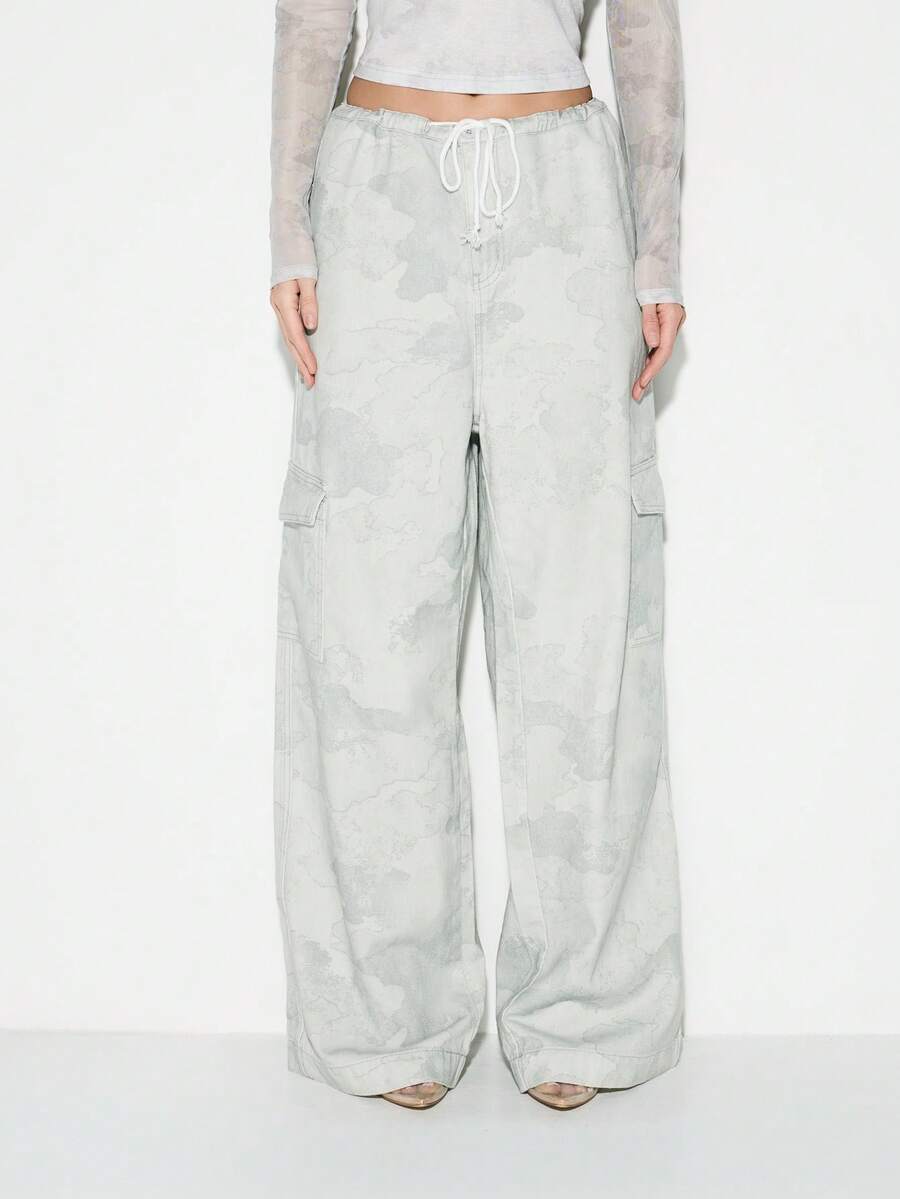 KIZN Women's Camouflage Print Wide Leg Cargo Pants With Elastic Waist And Drawstring Closure For Fall Winter Casual Everyday Wear - Multicolor - View 1