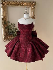 Lovelzi Elegant Wine Red Jacquard Fabric Strapless Flared Mini Dress,Detachable Bow Decor At Back,Suitable For Graduation,Wedding,Party,Ball & More - Burgundy - View 9