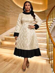 Fleurora 大码压纹撞色滚边圆领优雅长袖连衣裙 - 金色 - 查看 7