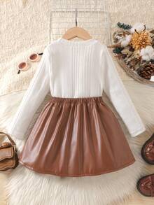 Elladie kids Top tricotat cu dungi, guler rotund, mânecă lungă, pentru fete tinere, cu fundă 3D + fustă plisată cu fundă 3D din PU maro, la modă și confortabilă, plină de viață și drăguță, potrivită pentru casă, joacă și alte ocazii